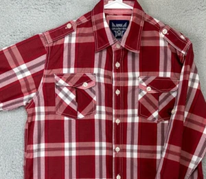 Akademiks Shirt Mens Medium Red Plaid Flap Pocket Roll Tab Long Sleeve Button Up - Picture 1 of 11