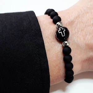 Bracciale CROCE con perle Nero Argento Oro Acciaio inox braccialetto Uomo Donna - Foto 1 di 10