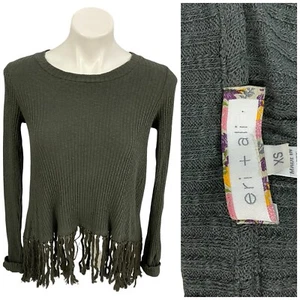 Anthropologie Eri + Ali Sweater Womens XS Green Fringe Boho Ribbed Knit - Picture 1 of 14