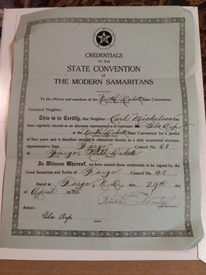 1935 Credentials STATE CONVENTION of THE MODERN SAMARITANS, Fargo, ND - Image 1 of 2