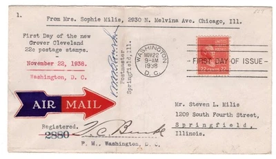 #827 Presidential Series 22c Grover Cleveland 1938 FDC - Typed Cachet - Image 1 of 2