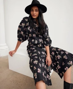 Decjuba size 12 dress black floral midi puff long sleeve button down - Bild 1 von 7