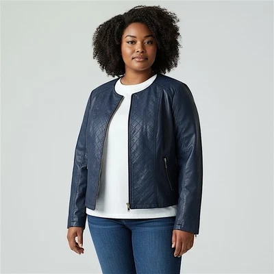 Chaqueta de Moto Alfani Para Mujer Azul Imitación Cuero XL Acolchada Cremallera Frontal Clásica Elegante Foto 1 de 4