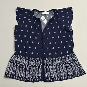 Loft Top Womens Small S Geo Ruffle Neck Peplum Shirt Navy Blue Button Summer New - Picture 1 of 19