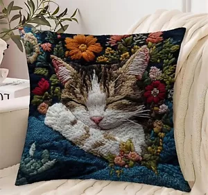 Contemporary Style Super Soft Sleeping Cat In Flowers Cushion Cover 45cm x 45cm - Picture 1 of 4