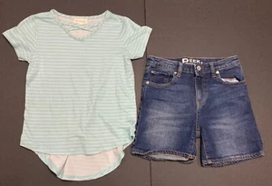 Girl's Btween & Peek Outfit Size 8 - Mint Green Striped Top w/Jean Shorts EUC - Picture 1 of 7