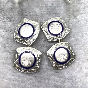Antik Platin 14k Gelbgold Graviert Blau Kobalt Schmelz Manschetten Geometrische - Bild 1 von 6