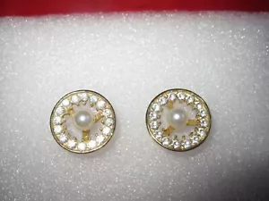 Gold Tone Circled Rhinestone Faux Pearl Center Pierced Earrings - Picture 1 of 10