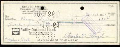 Casey Stengel JSA Coa Signed 1961 Personal Check Autograph - Image 1 of 2