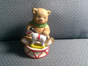 Vintage Toyland Music box Rotating Teddy Bear with Rocking Horse on Drum Figure - Picture 1 of 6