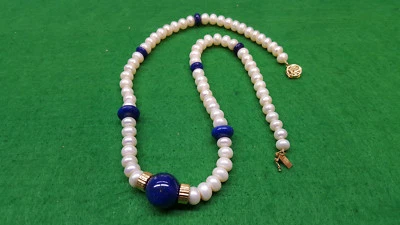 Perlencollier 585er Gold Verschluss Akoya Perle Collier 14 Karat Lapislazuli - Bild 1 von 4