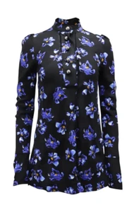 PROENZA SCHOULER Black Blue Floral Crepe Blouse Long Sleeve High Neck 6 Classic - Picture 1 of 12
