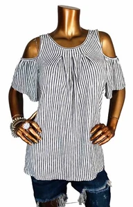 Max Studio M Top NWT $68 Stretch Soft Blouse Striped Cold Shoulder Slv Easy Wear - Picture 1 of 8