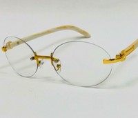 Men's Classy Gold & Wooden Frame Eyeglasses - Clear Lenses, Rectangular, Semi-Rimless Design