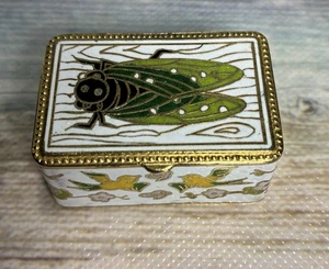 Cloisonné Bug Miniature Pill Box Trinket Box Enameled Brass Fly Or Grasshopper - Picture 1 of 10
