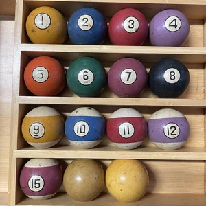 Juego incompleto de bolas de billar de arcilla vintage 1-12 15 2 bolas de taco con grietas usadas - Imagen 1 de 6