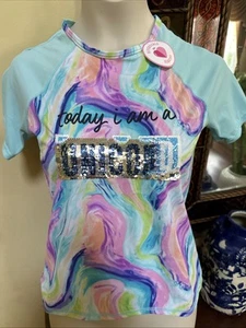 Nwt Justice Unicorn Tie Dye Rash guard Tee Size 10 Flip Sequined Bright Color! - Picture 1 of 3