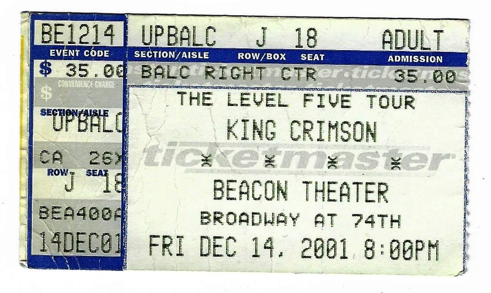 King Crimson John Paul Jones 14/12/01 Nueva York Nueva York Mega Raro Boleto Stub Led Zeppelin Foto 1 de 1