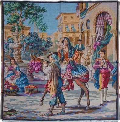 Tapeçaria belga quadrada espanhola 39x39,5" grande e colorida vintage - Imagem 1 de 4