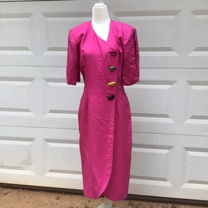 VTG Regina Kravitz New York Dress Womens 8 Linen Midi Power Pink Wrap Toggle 80s - Picture 1 of 23