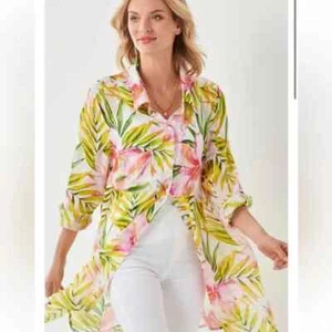 Charlie Paige auffälliges Tunika-Shirt mit tropischem Druck und Knopfleiste 23-pl2 - Bild 1 von 3