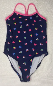 Girls OP Navy and Pink Racerback 1 Piece Swimsuit Size S (6-6X) with Hearts - Picture 1 of 6