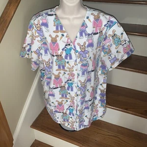 SIMPLY BASIC Funny Bunny Rabbit WHAT'S UP DOC Scrubs Top Womens Size L 💗191 - Picture 1 of 8