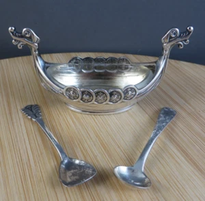 Vintage Individual Salt Dip Viking Ship David Anderson Sterling Silver 2 Spoons - Picture 1 of 24