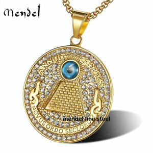 MENDEL Mens Gold Plated Egyptian Hip Hop Pyramid Eye Providence Pendant Necklace