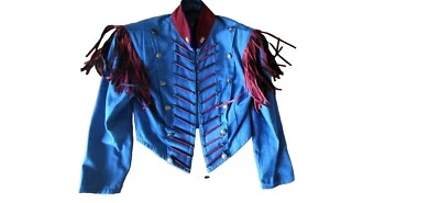 Exquisite Double D Ranch Small Denim Jacket Red Suede Collar Fringe Orig $385 - Image 1 of 4
