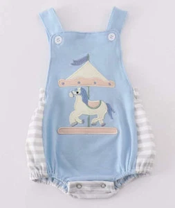 Boy's Boutique Blue Carousel Applique Boy Bubble Romper Sibling Matching Summer - Picture 1 of 7