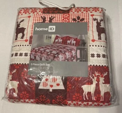 Juego de edredón de 3 piezas estampado completo/queen Country Lodge ID Deer Patchwork Home Foto 1 de 4