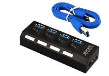 4 Port USB 3.0 High Speed HUB Splitter Box With ON/OFF Switch Power Adapter