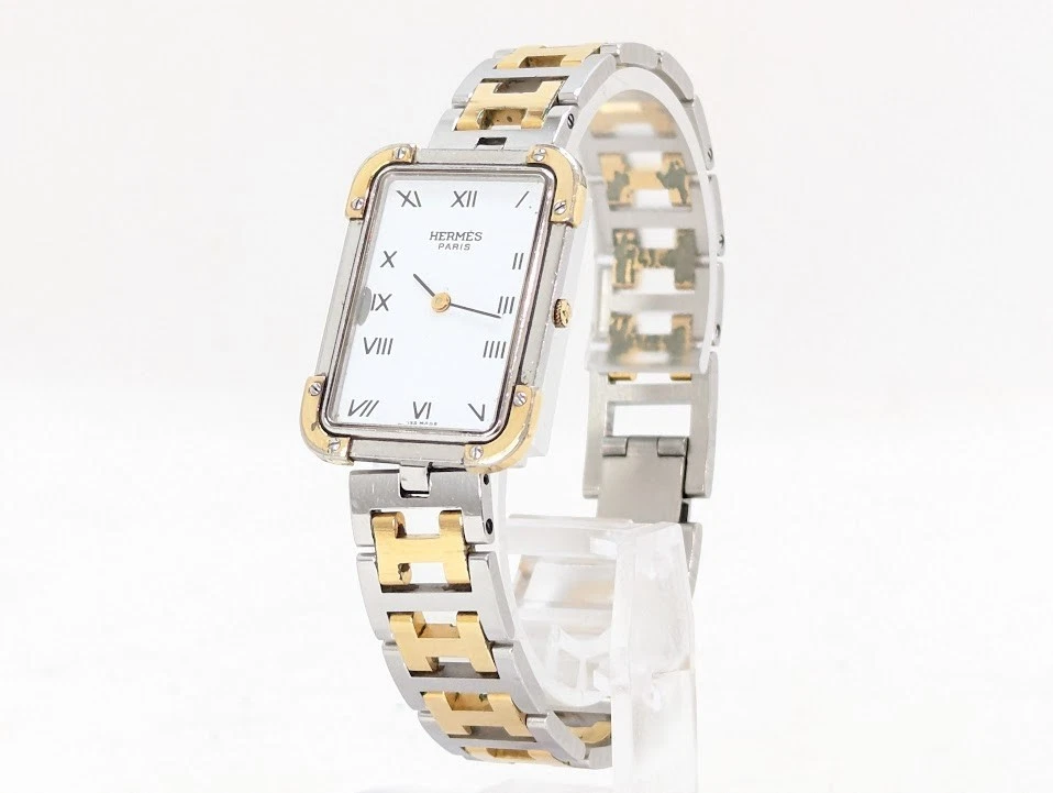 ⭐︎ねじばな⭐︎HERMES ヴィンテージ腕時計 クォーツ ホワイト/ゴールド Hermes 21mm White Alligator Leather Gold Plated Heure H PM Quartz