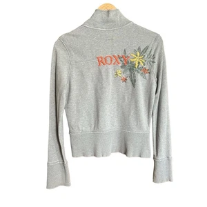 Vintage Roxy Zip Up Sweatshirt Embroidered Flowers Long Cuffs Womens Sz Small - Picture 1 of 24