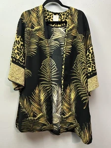 H&M Kimono Womens XS Black Gold Palm Leaf Cheetah Animal Print Open Cardigan - Picture 1 of 9