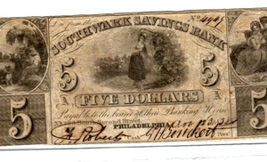 $5 "SOUTHWARK SAVE BANK" (PHILIDELPHIA) 1800 $5 "SOUTHWARK RISPARMI" RARO!!! - Foto 1 di 3