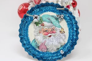 Handmade Christmas Tin Ornaments Blue with Vintage Style Santa Silver Bells 6" - Picture 1 of 3
