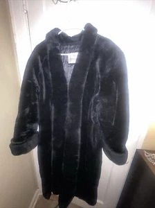 Womens Vintage Monterey Fashions Long Faux Fur Cuffed Coat Black  USA Made Sz L - Picture 1 of 7