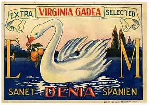ORIGINAL KISTENETIKETT SPANISCH UM 1930 SPANIEN VINTAGE SCHWAN DENIA VIRGINIA GADEA - Bild 1 von 1