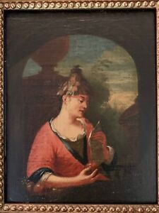 Ancien maître peintre femme portant casquette en plumes polynésiennes ou incas 18ème siècle