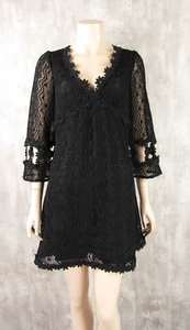 Vintage Betsey Johnson 90s Y2K Black Crochet Daisies Hippie Boho Mini Dress Sz 8 - Picture 1 of 7