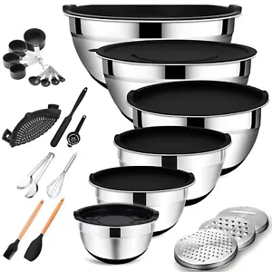Large Mixing Bowls with Lid 30Pcs Set Stainless Steel Nesting Measuring Spoons - Picture 1 of 10