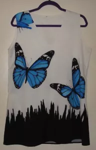 Damen Blau Schmetterling Print Ärmellose V-Ausschnitt BLUSE / TOP Größe L - Bild 1 von 2
