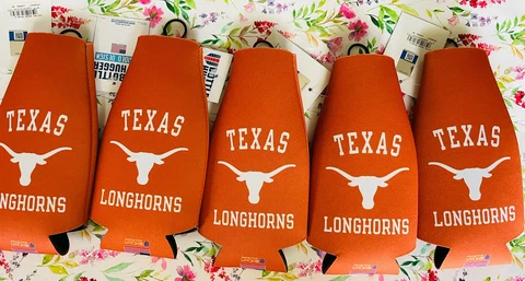 Lot Of 5 TEXAS LONGHORNS Bottle Cooler 2 Sided. Zipper Back Cover