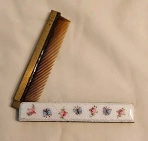 Vintage brass Fold Up Comb with Guilloche Enamel cover Butterfly Rose Flower - Picture 1 of 4