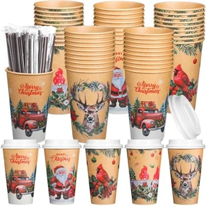 50 Pack Vintage Christmas Coffee Cups with Lids Straws 16 oz Paper Disposable... - Picture 1 of 7