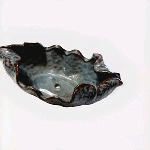 Ceramic Planter Oval Blue Brown Scalloped Glazed 9x5 - Picture 1 of 10