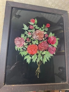 Großes antikes Volkskunst Lametta Folie Rückseite Kunstwerk "Eine Blumenszene" - gerahmt - Bild 1 von 14