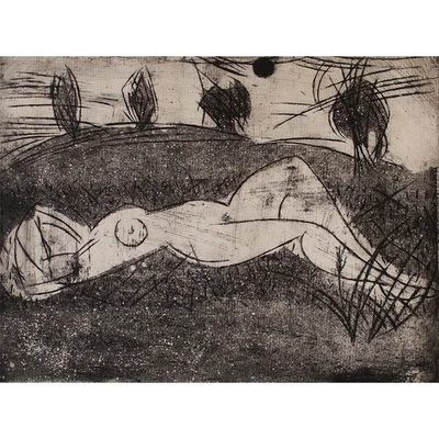 Mochtar Apin Frauenakt liegend Landschaft signiert Radierung 1957 - Bild 1 von 3